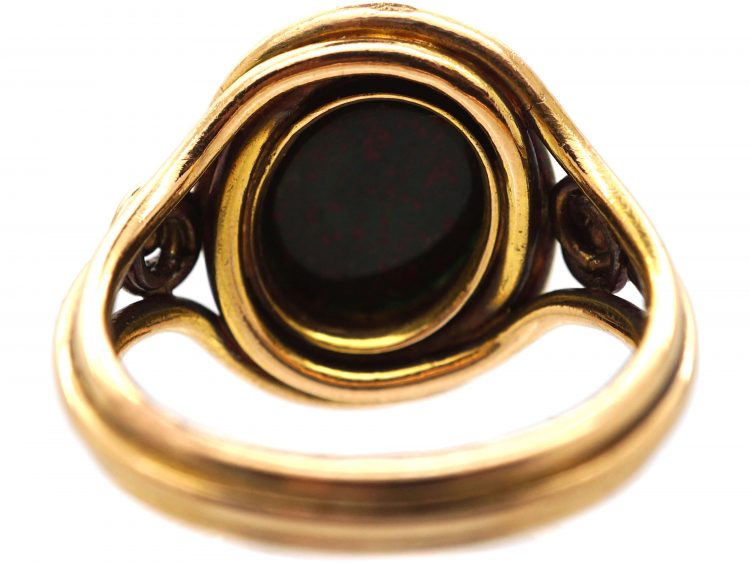 Victorian 18ct Gold Signet Ring with Bloodstone Intaglio of Pelicans with a Coronet
