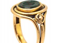 Victorian 18ct Gold Signet Ring with Bloodstone Intaglio of Pelicans with a Coronet