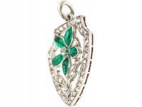 French Art Deco Platinum, Rose Diamond & Cabochon Emerald Flower Pendant