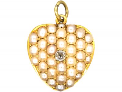 Edwardian 15ct Gold Heart Studded with Natural Split Pearls & a Diamond