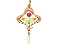 Art Nouveau 9ct Gold, Ruby & Enamel Pendant