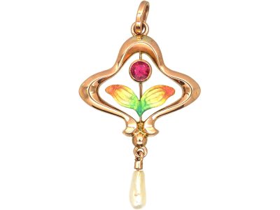 Art Nouveau 9ct Gold, Ruby & Enamel Pendant