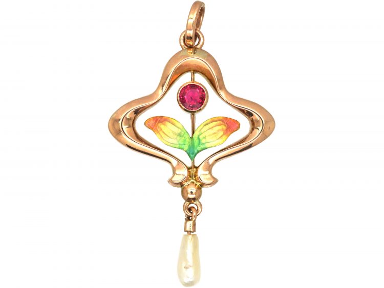 Art Nouveau 9ct Gold, Ruby & Enamel Pendant