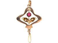 Art Nouveau 9ct Gold, Ruby & Enamel Pendant