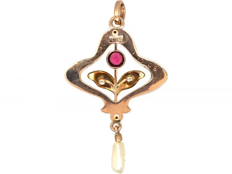 Art Nouveau 9ct Gold, Ruby & Enamel Pendant