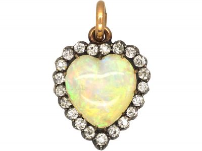 Edwardian 15ct Gold, Opal & Diamond Heart Shaped Pendant