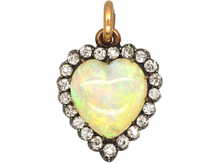 Edwardian 15ct Gold, Opal & Diamond Heart Shaped Pendant