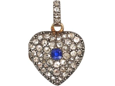 Early 20th Century Heart Locket Studded with Rose Diamonds & a Sapphire