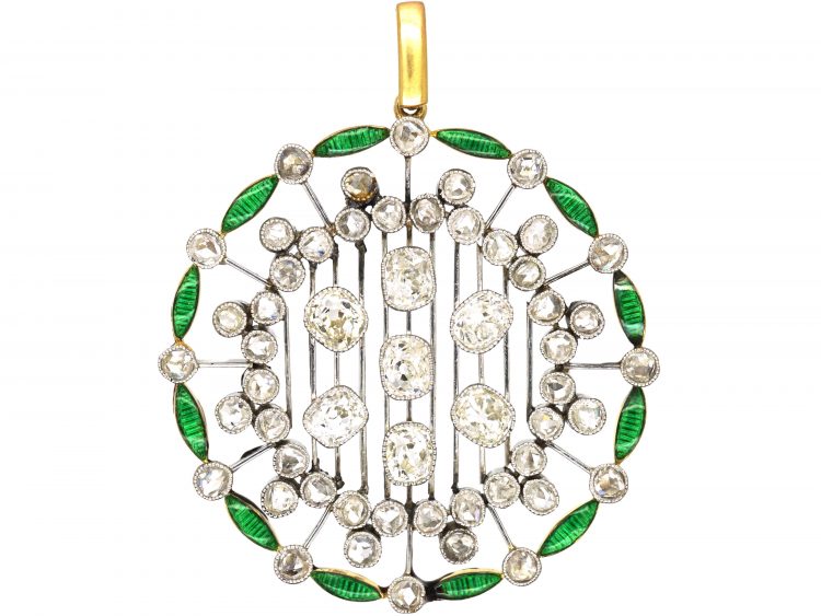 Art Deco Platinum, 18ct Gold, Diamond & Green Enamel Round Pendant