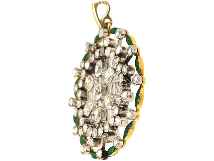 Art Deco Platinum, 18ct Gold, Diamond & Green Enamel Round Pendant