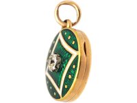 Edwardian 15ct Gold Round Green & White Enamel Locket set with a Diamond