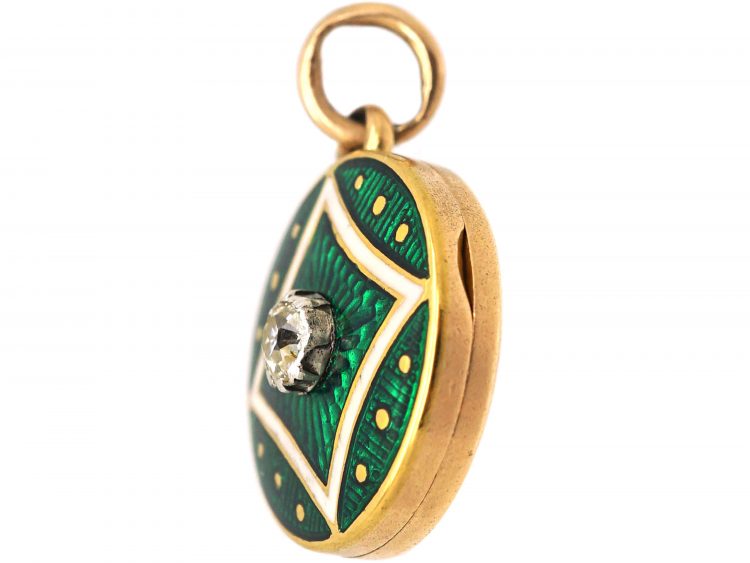 Edwardian 15ct Gold Round Green & White Enamel Locket set with a Diamond
