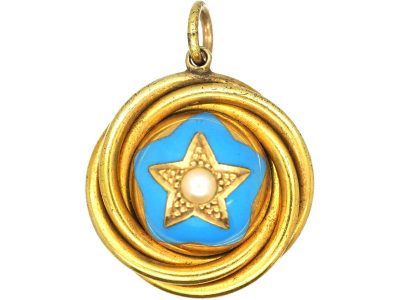 Victorian 15ct Gold & Turquoise Enamel & Natural Pearl Star Pendant with Glazed Locket