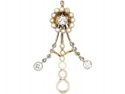 Edwardian 15ct Gold & Platinum, Great January Comet Pendant of 1910, set with Natural Pearls & Diamonds