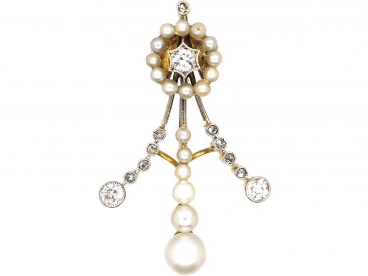 Edwardian 15ct Gold & Platinum, Great January Comet Pendant of 1910, set with Natural Pearls & Diamonds