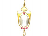 Art Nouveau 15ct Gold Pendant set with Rubies & Baroque Pearls by Murrle Bennett & Co