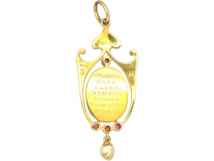 Art Nouveau 15ct Gold Pendant set with Rubies & Baroque Pearls by Murrle Bennett & Co