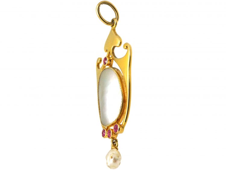 Art Nouveau 15ct Gold Pendant set with Rubies & Baroque Pearls by Murrle Bennett & Co
