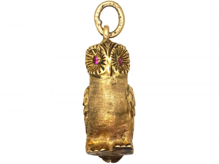 Edwardian 9ct Gold Owl Pendant with Ruby Eyes