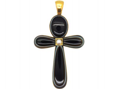 Victorian 18ct Gold, Natural Split Pearl & Banded Onyx Cross