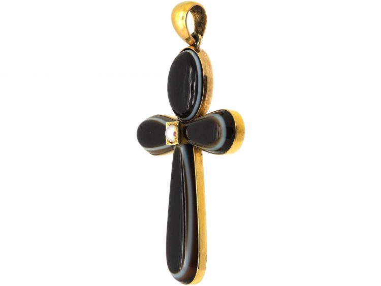 Victorian 18ct Gold, Natural Split Pearl & Banded Onyx Cross