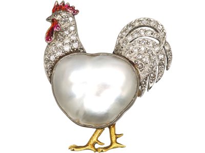 Platinum & 18ct Gold, Diamond, Enamel & Baroque Pearl Cockerel Brooch in Original Case
