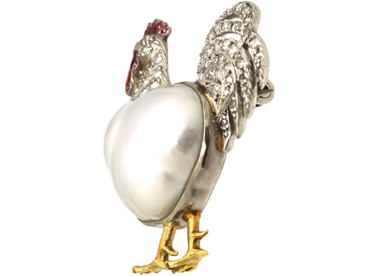 Platinum & 18ct Gold, Diamond, Enamel & Baroque Pearl Cockerel Brooch in Original Case