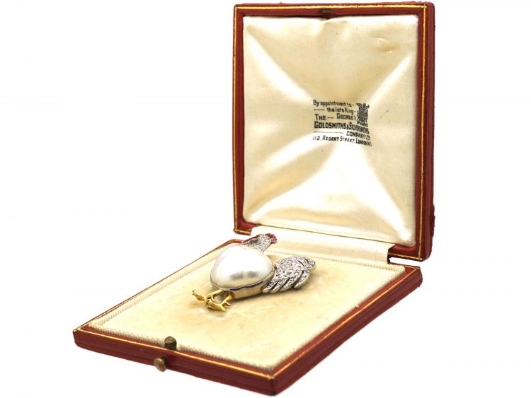 Platinum & 18ct Gold, Diamond, Enamel & Baroque Pearl Cockerel Brooch in Original Case