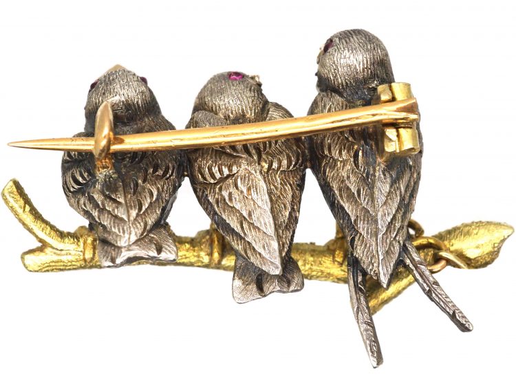 Edwardian Novelty Brooch of Three Diamond Set Birds on a Branch in The Original Case