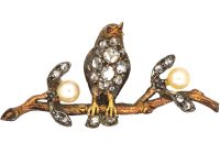 Edwardian 18ct Two Colour Gold & Silver Novelty Brooch of a Bird on a Branch With Two Mistletoe Sprigs in Original Case