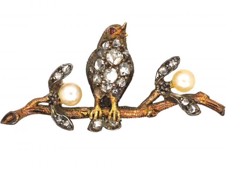 Edwardian 18ct Two Colour Gold & Silver Novelty Brooch of a Bird on a Branch With Two Mistletoe Sprigs in Original Case