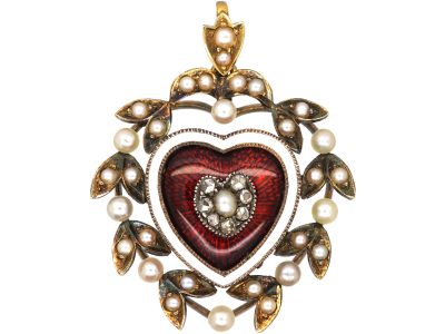 Edwardian 15ct Gold, Red Enamel, Natural Split Pearls & Diamond Heart Shaped Pendant