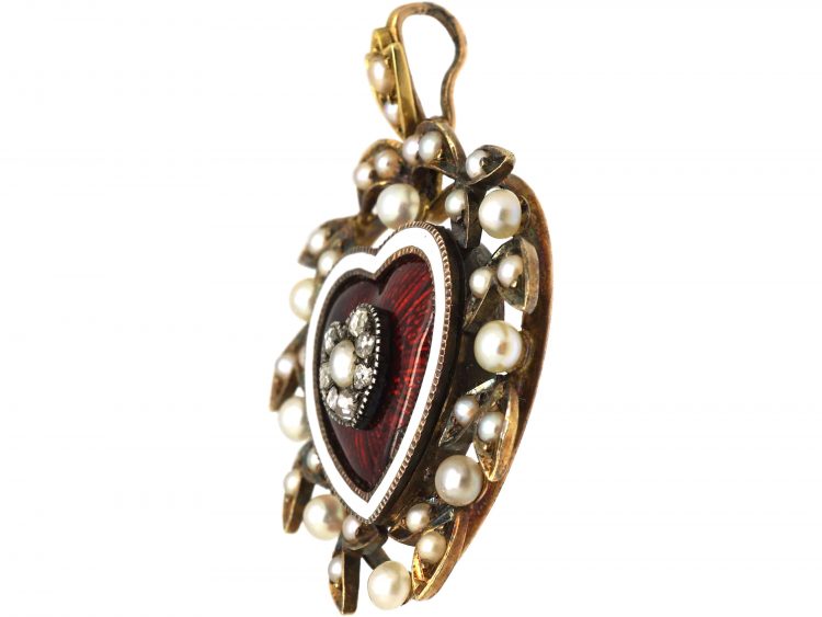 Edwardian 15ct Gold, Red Enamel, Natural Split Pearls & Diamond Heart Shaped Pendant