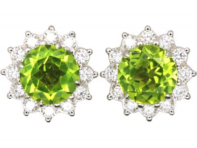 18ct White Gold, Peridot & Diamond Cluster Earrings