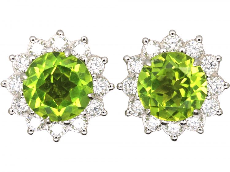 18ct White Gold, Peridot & Diamond Cluster Earrings