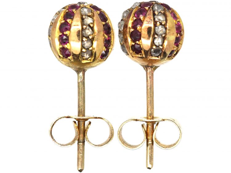 Edwardian 18ct Gold, Ruby & Diamond Ball Earrings