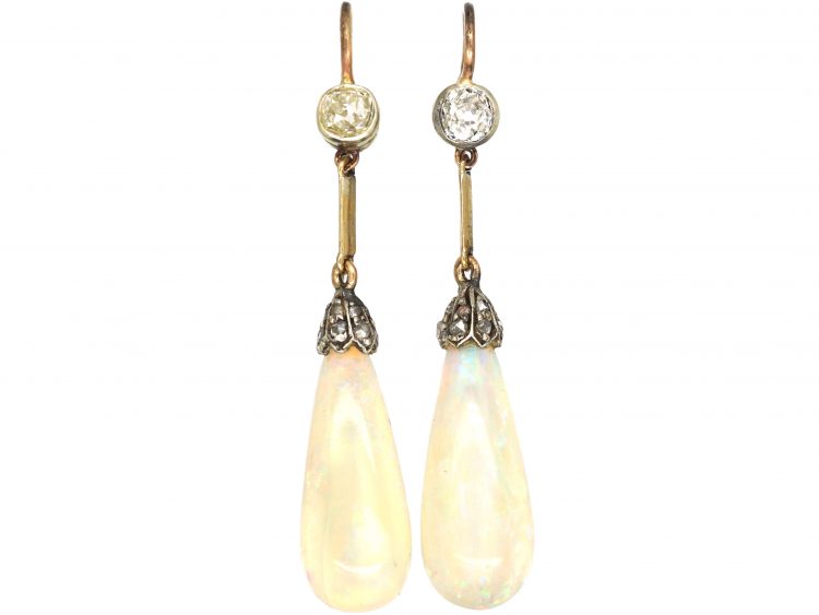 Art Deco 15ct Yellow & White Gold, Pear Shaped Opal & Diamond Drop Earrings