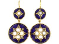 Victorian 15ct Gold, Royal Blue Enamel & Natural Split Pearl Drop Earrings