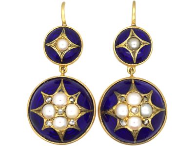 Victorian 15ct Gold, Royal Blue Enamel & Natural Split Pearl Drop Earrings