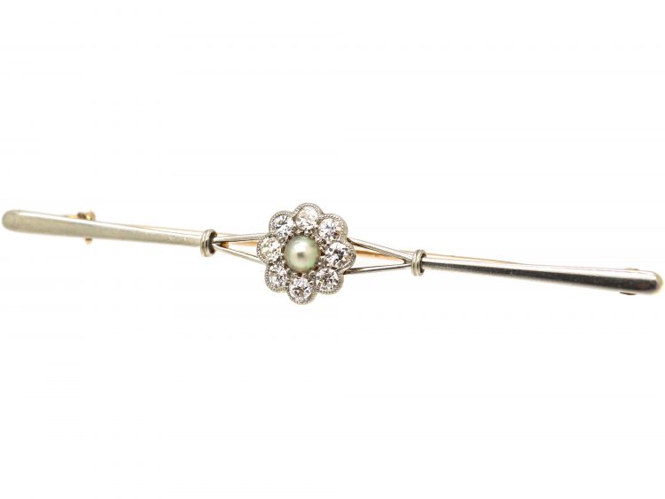Art Deco 15ct Gold & Platinum, Diamond & Natural Pearl Cluster Brooch