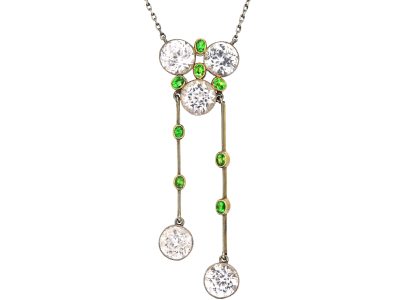 Art Deco 15ct Gold & Platinum, Rock Crystal & Green Garnet Pendant on Platinum Chain