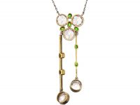 Art Deco 15ct Gold & Platinum, Rock Crystal & Green Garnet Pendant on Platinum Chain