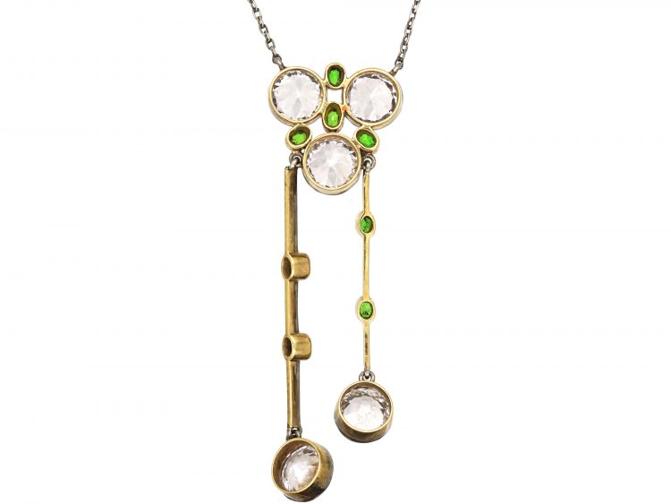 Art Deco 15ct Gold & Platinum, Rock Crystal & Green Garnet Pendant on Platinum Chain