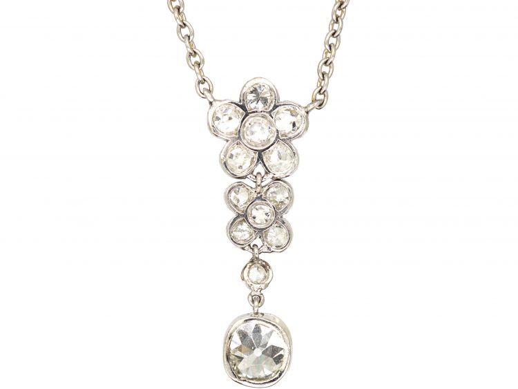 Art Deco Platinum & Diamond Flower Pendant on Chain