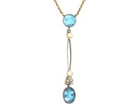 Art Deco 15ct Gold & Platinum Aquamarine & Rose Diamond Drop Pendant on 15ct Gold Chain