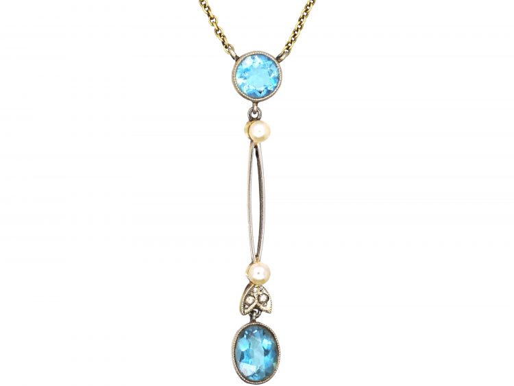 Art Deco 15ct Gold & Platinum Aquamarine & Rose Diamond Drop Pendant on 15ct Gold Chain