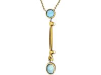Art Deco 15ct Gold & Platinum Aquamarine & Rose Diamond Drop Pendant on 15ct Gold Chain