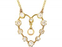 Edwardian 18ct Gold, Diamond & Natural Pearl Heart Shaped Pendant on 9ct Gold Chain