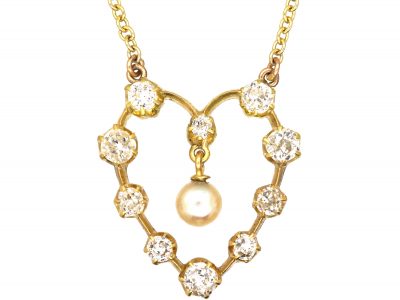 Edwardian 18ct Gold, Diamond & Natural Pearl Heart Shaped Pendant on 9ct Gold Chain