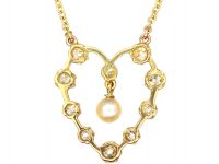 Edwardian 18ct Gold, Diamond & Natural Pearl Heart Shaped Pendant on 9ct Gold Chain
